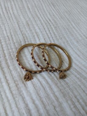 (2/30$)Gold-Tone Red & White Stone Bangle Set - Women Jewelry